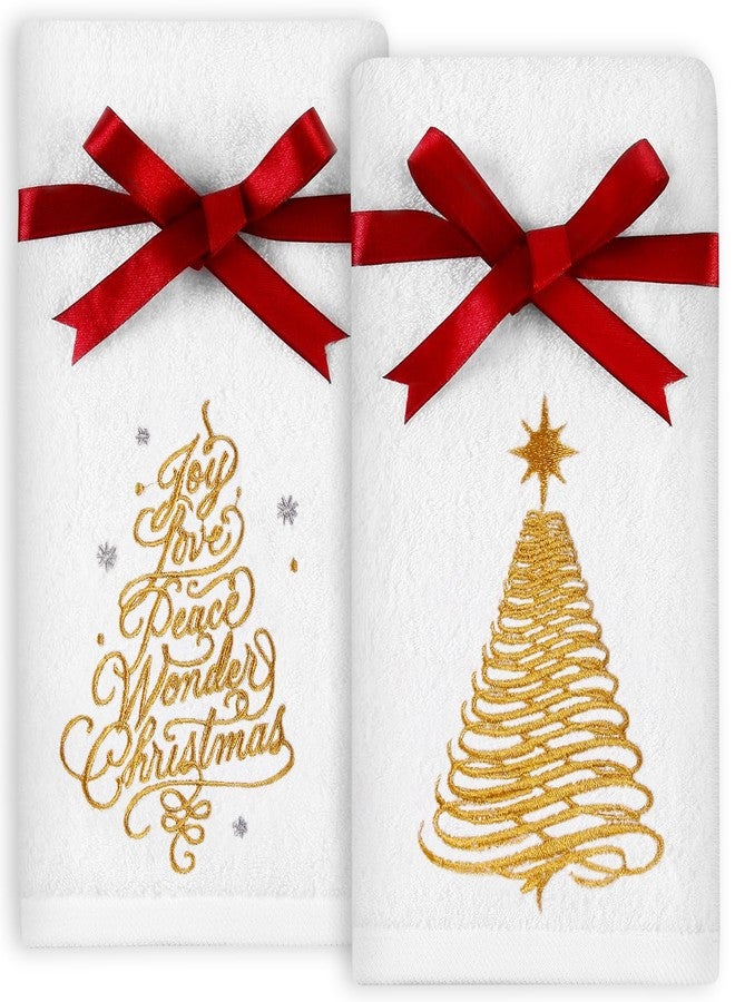 Quera 2 Pack Christmas Hand Towels, Winter Golden Christmas Tree Embroidery Joy Love Peace Wonder Christmas Rustic Cabin Decor Bathroom Decorative Holiday Towels Gift Set 13.7'' x 29.5'' - Image 1